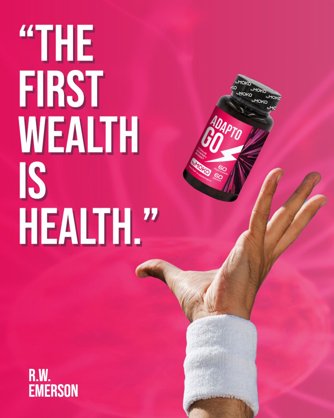 Hand holding a supplement bottle with 'The First Wealth is Health' quote and R.W. Emerson attribution on a pink background