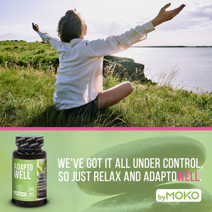 Person sitting with arms outstretched in a scenic landscape, with AdaptoWell supplement bottle and text overlay.