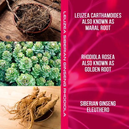 Three images of different root herbal plants with text on a pink background.