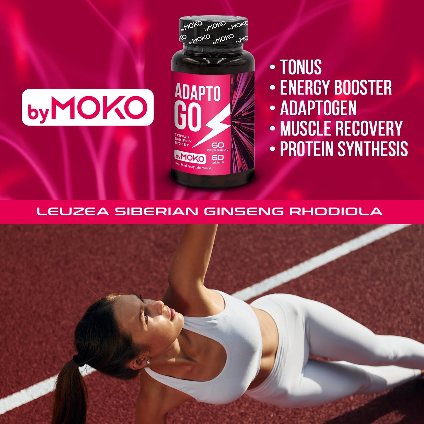 AdaptoGo supplement bottle with a woman exercising on a track.