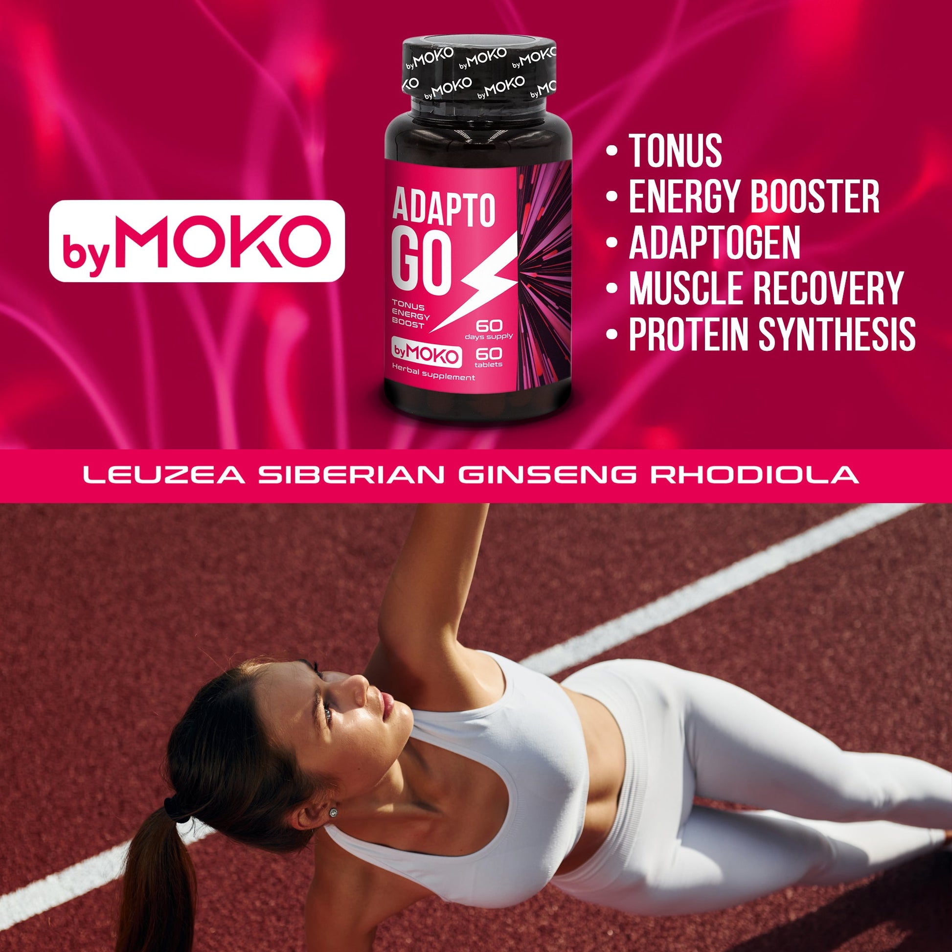 AdaptoGo supplement bottle with a woman exercising on a track.