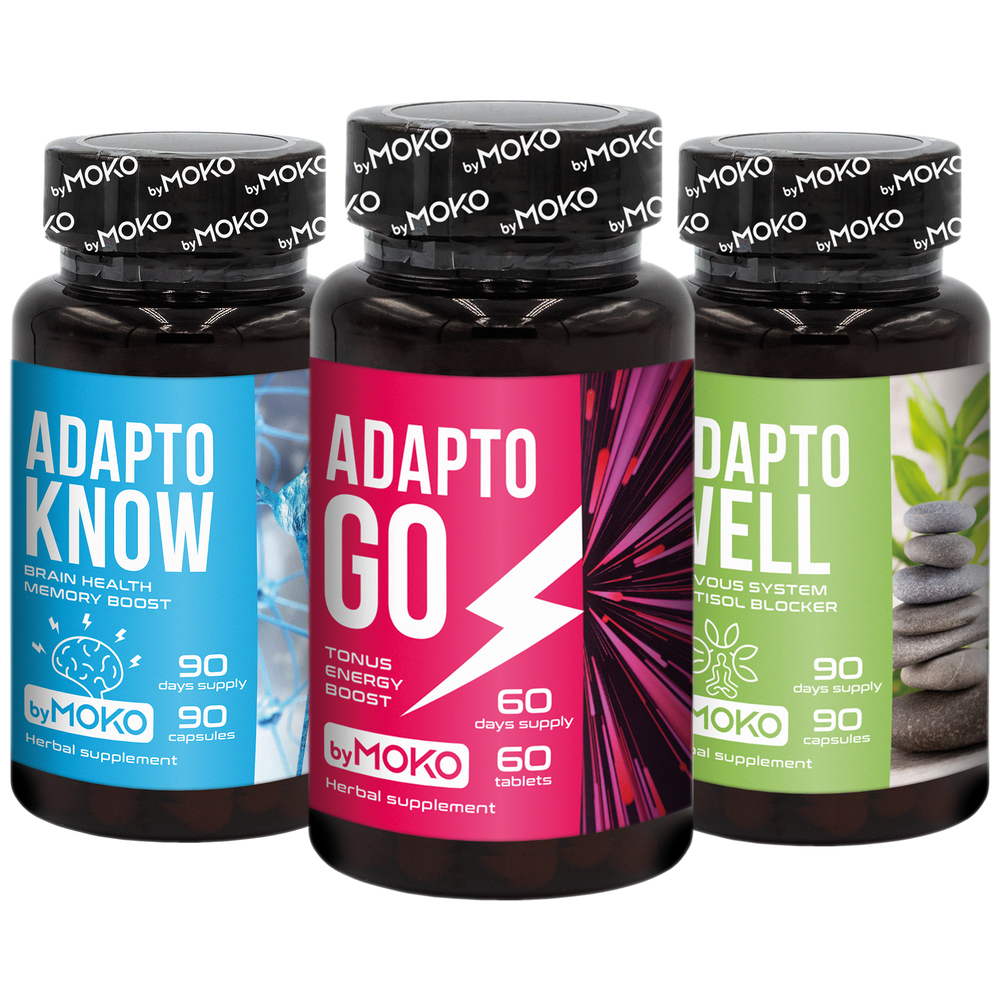 Three Adaptowow brand supplement bottles labeled 'AdaptoKnow', 'AdaptoGo', and 'AdaptoWell' on a white background.