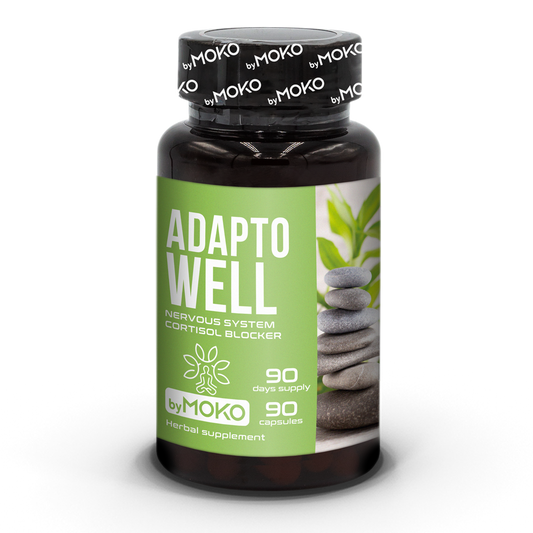 Ashwagandha extract featured in Adaptowell for stress support and better sleep. Ashwagandha, passiflora, lime balm and hawthorn adaptogen capsule supporting balance, focus, and sleeping well