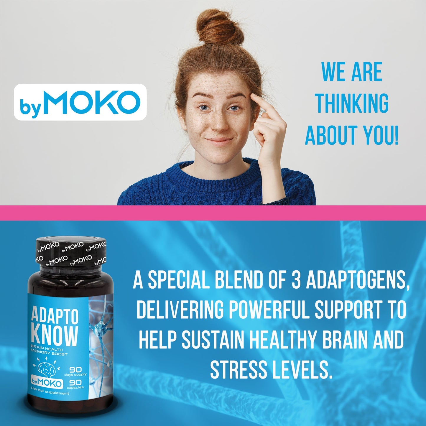 Advertisement for Adaptowow AdaptoKnow supplement with a woman and text about adaptogens. Dried ashwagandha root used in herbal adaptogen supplements for relaxation.