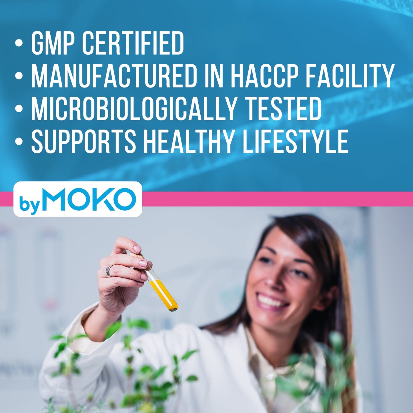 Woman in a lab holding a test tube with Adaptowow branding and certification text on a blue background.