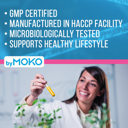 Woman in a lab holding a test tube with Adaptowow branding and certification text on a blue background.