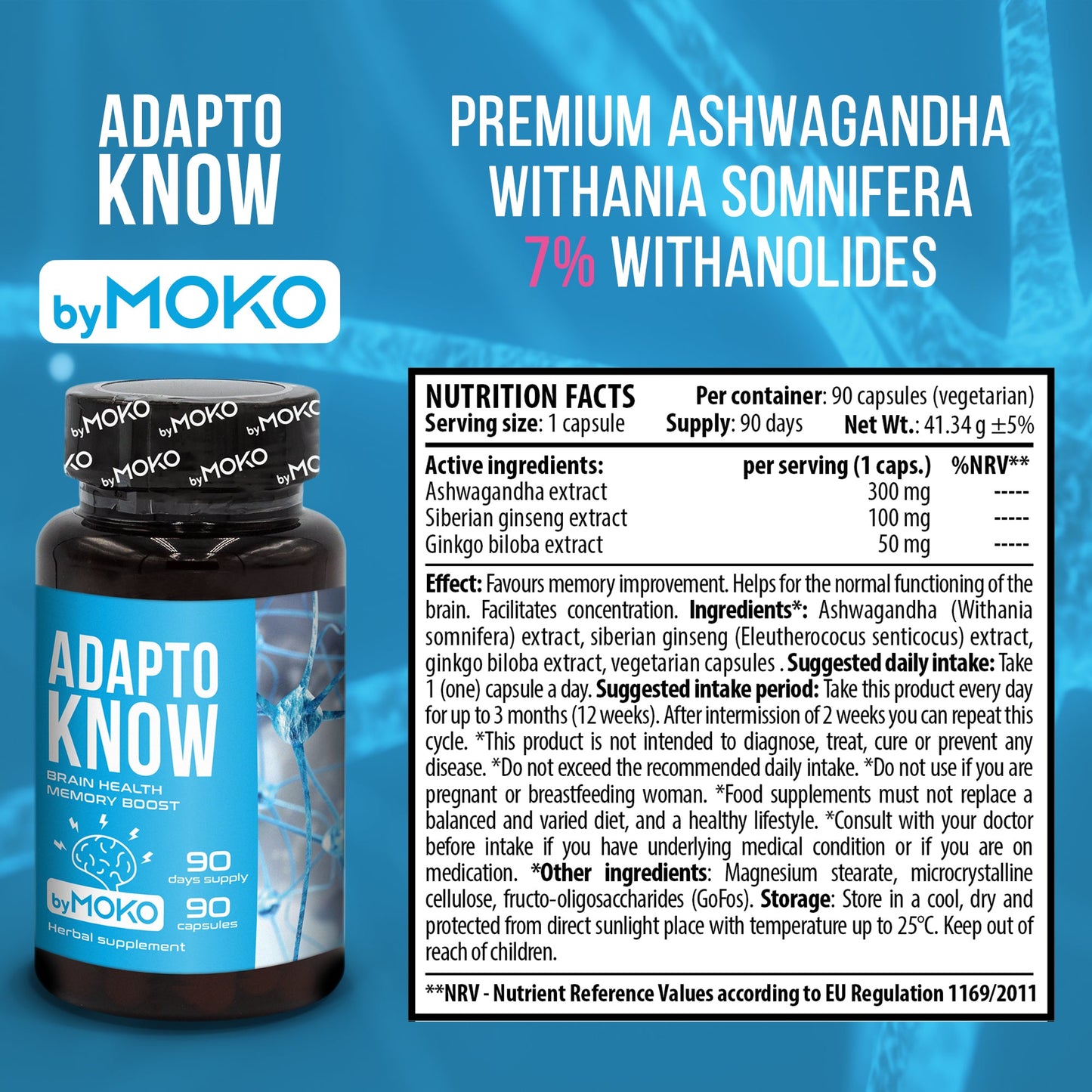 AdaptoKnow by Adaptowow supplement bottle with nutrition facts on a blue background
