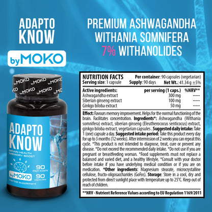 AdaptoKnow by Adaptowow supplement bottle with nutrition facts on a blue background