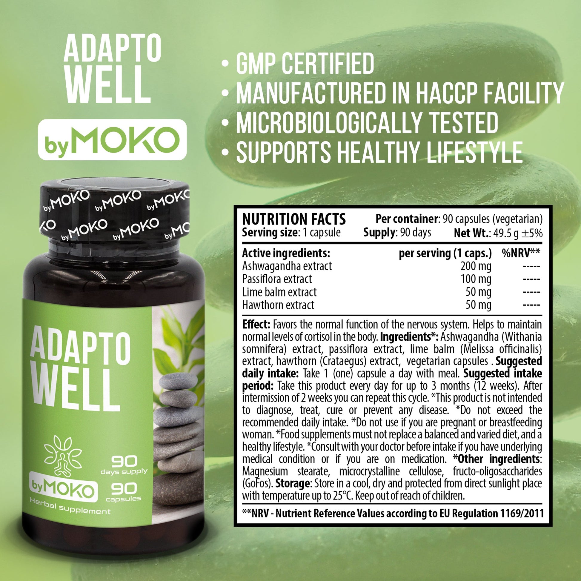 Supplement bottle labeled 'AdaptoWell by Adaptowow with nutritional information on a green background