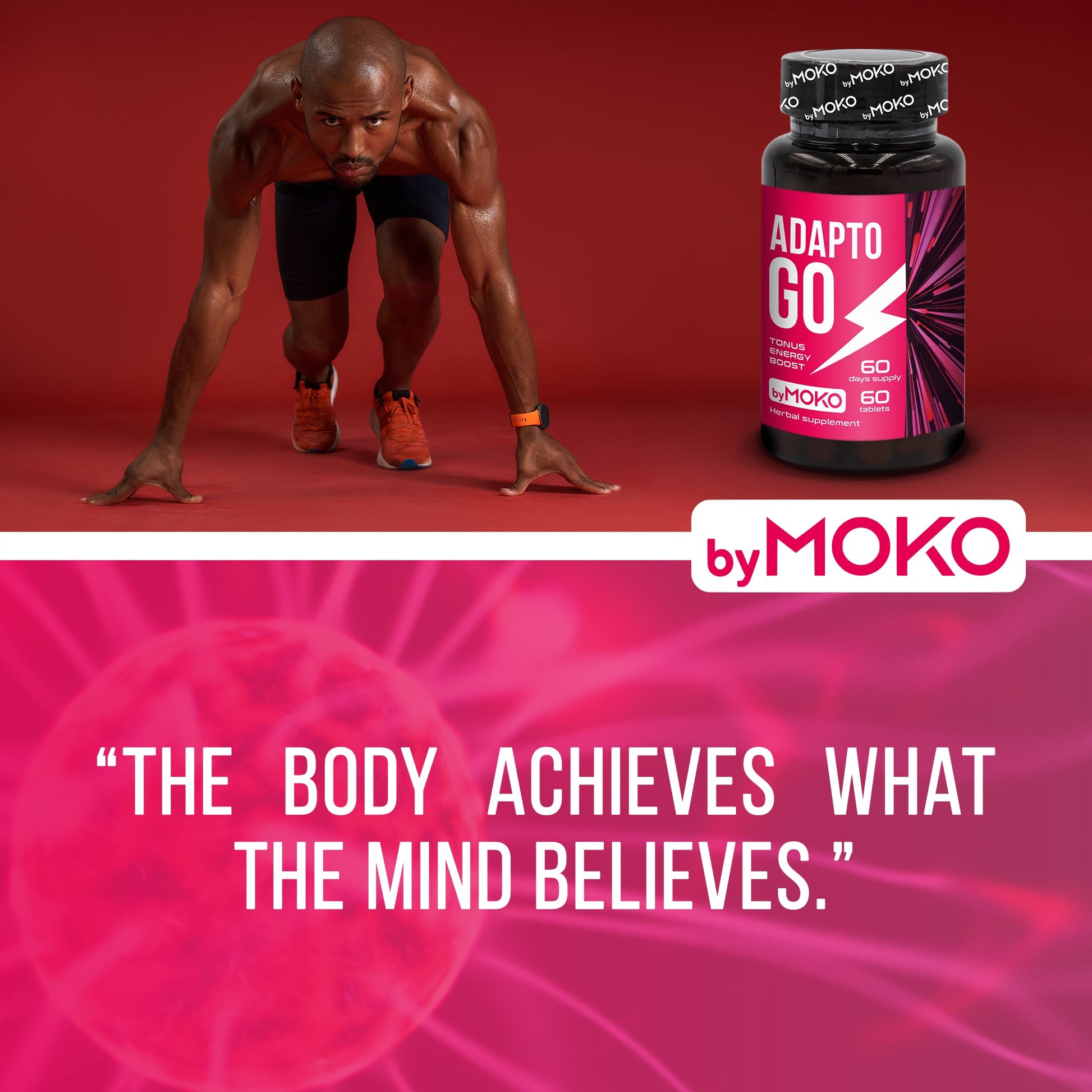 Person in athletic pose with AdaptoGo by Adaptowow supplement bottle on red background